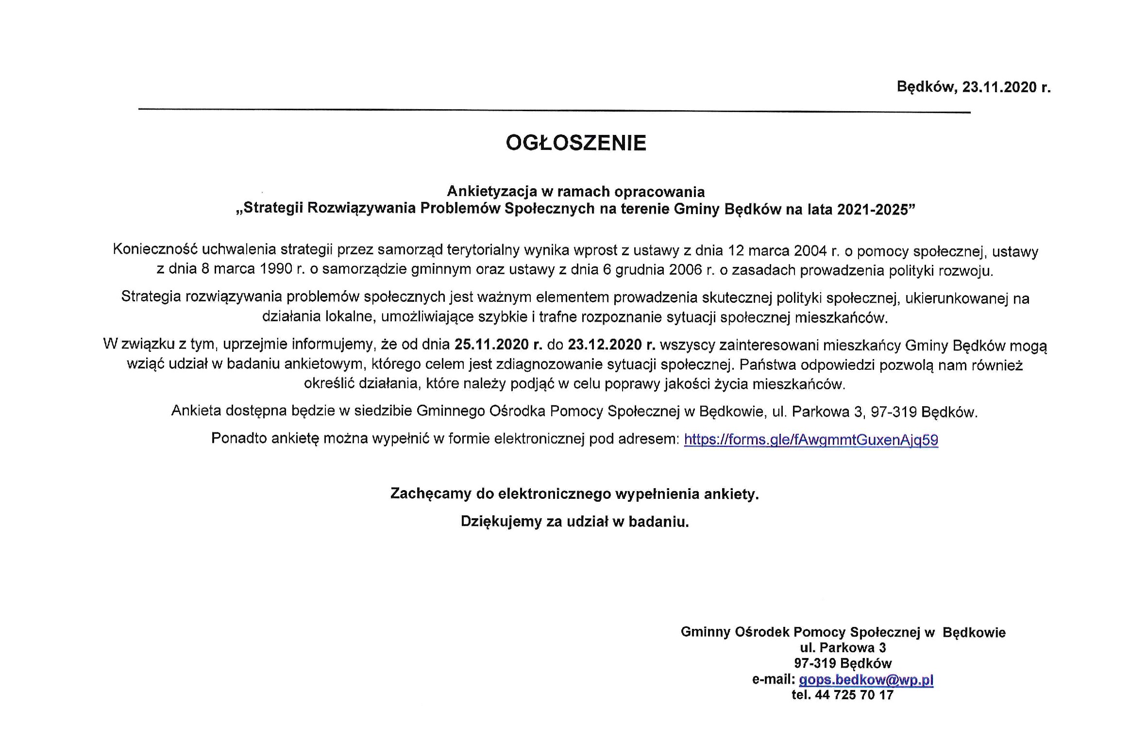 Ogłoszenie - Ankieta w ramach opracowania Strategii Rozwiązywania Problemów Społecznych na terenie Gminy Będków na lata 2021-2025