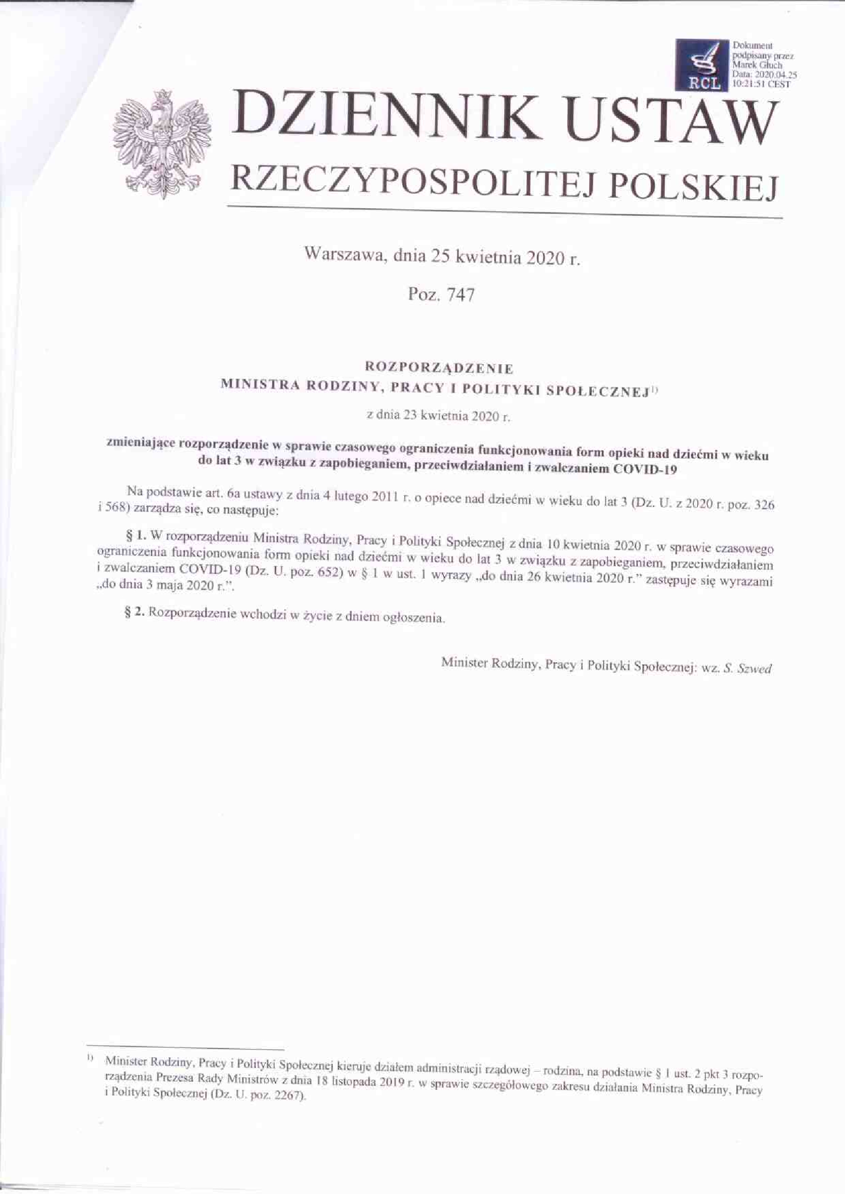 Rozporządzenie Ministra Rodziny, Pracy i Polityki Społecznej z dn. 23 kwietnia 2020r. 